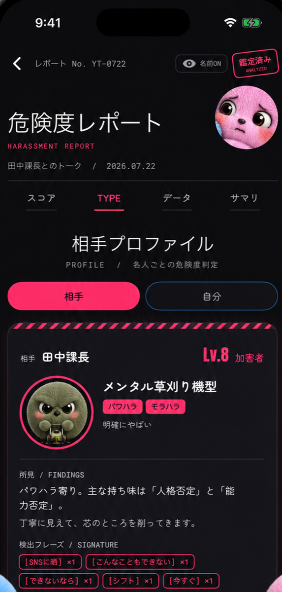 ハラスメントークの危険度レポート画面。相手のタイプと検出フレーズ