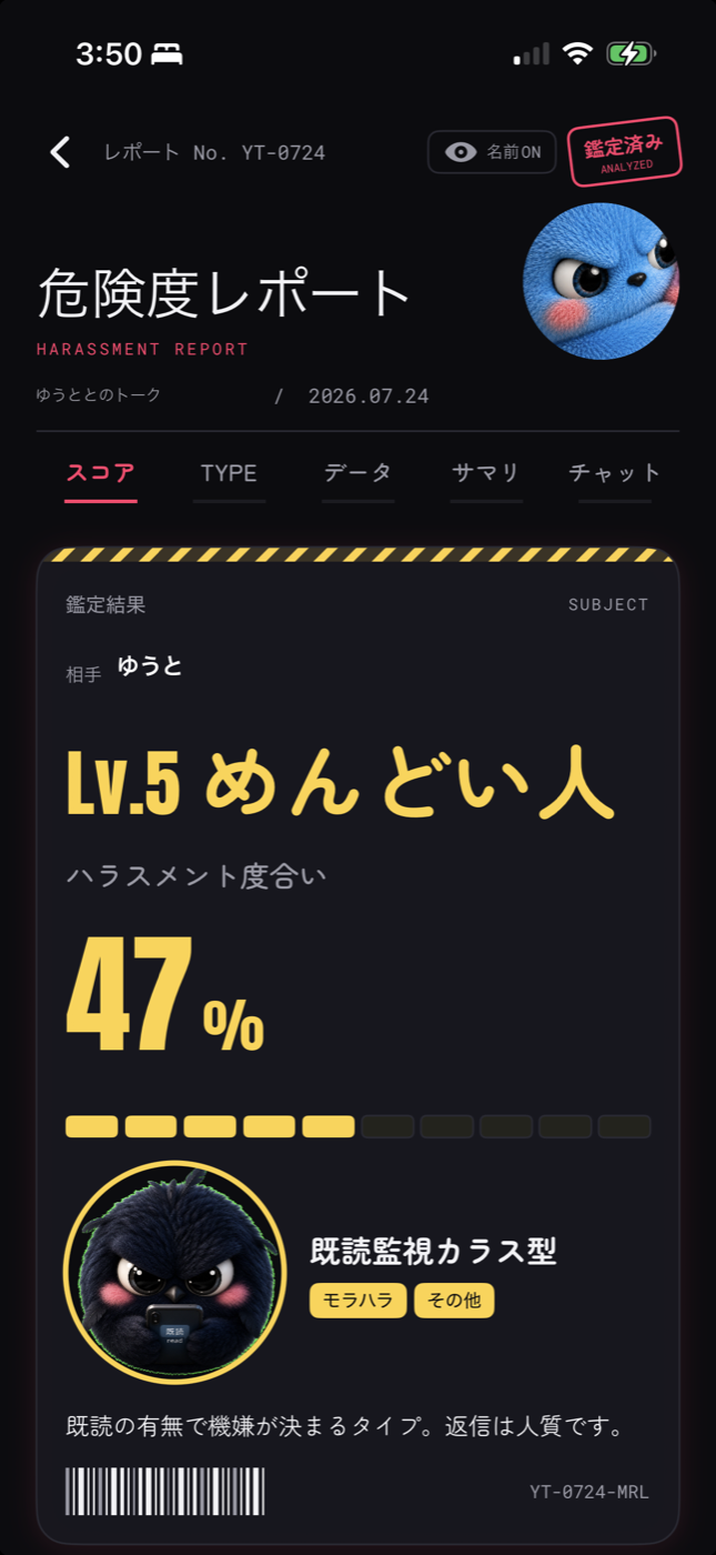 ハラスメントークの鑑定結果画面。危険度レベルとハラスメント度合いのスコア